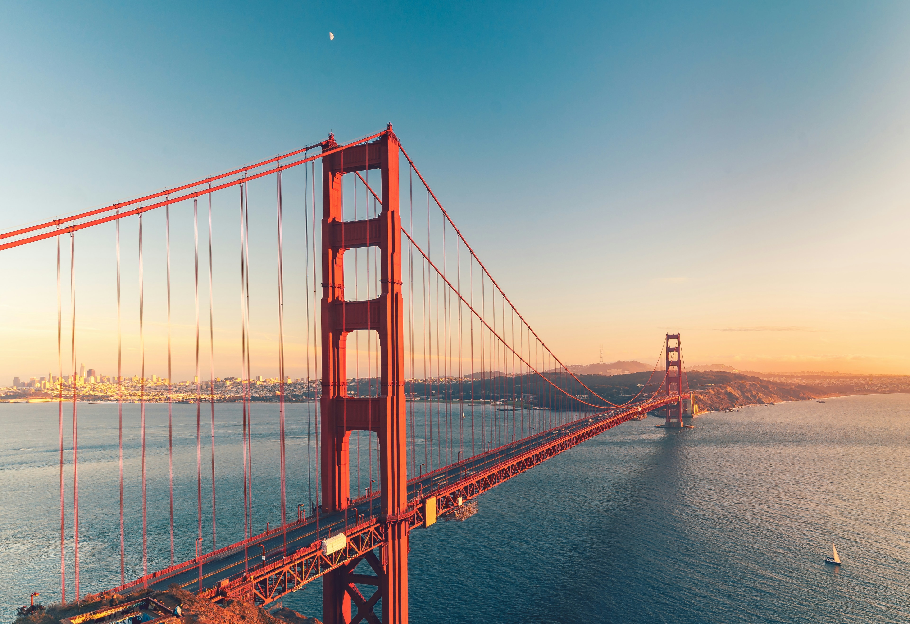 Golden Gate Bridge over the bay at sunset